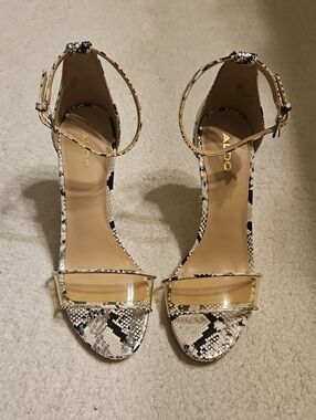 ALDO Snake-Print Ankle-Strap Heels with Clear Toe Strap in Black & White